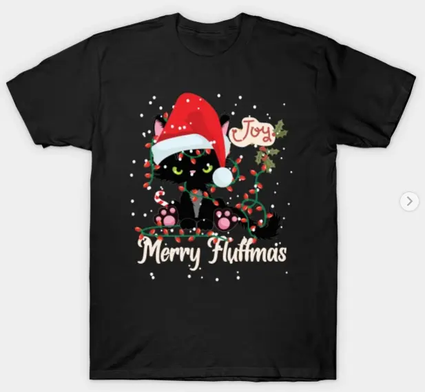 Black Cat Tangled Up In Christmas Tree Lights Merry Fluffmas T-Shirt