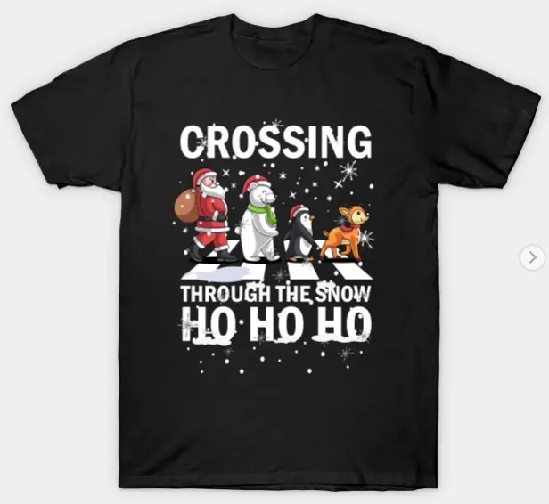 crosswalk, bear, christmas, christmas humor, christmas sweater, crossing, crossing sign, deer, penguin, pun, road, santa claus, snow, snowflakes, through the snow shirt