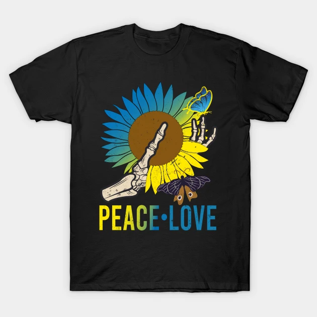 Skeleton Hand Sunflower Butterflies Peace Love T-Shirt